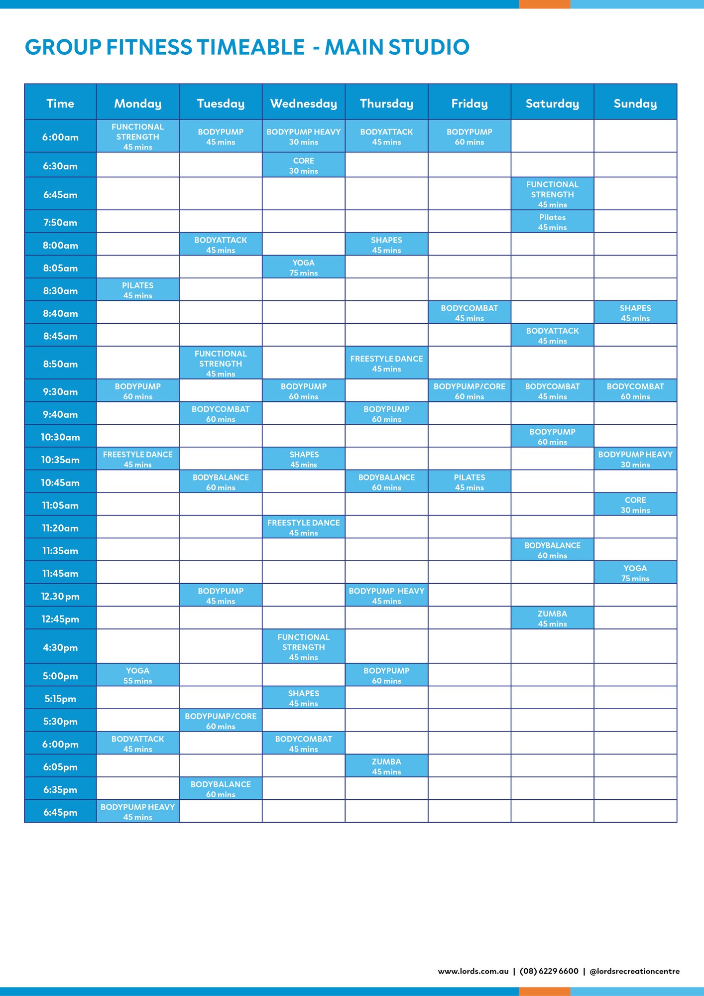 Lords Group Fitness Timetable - effective April 2026