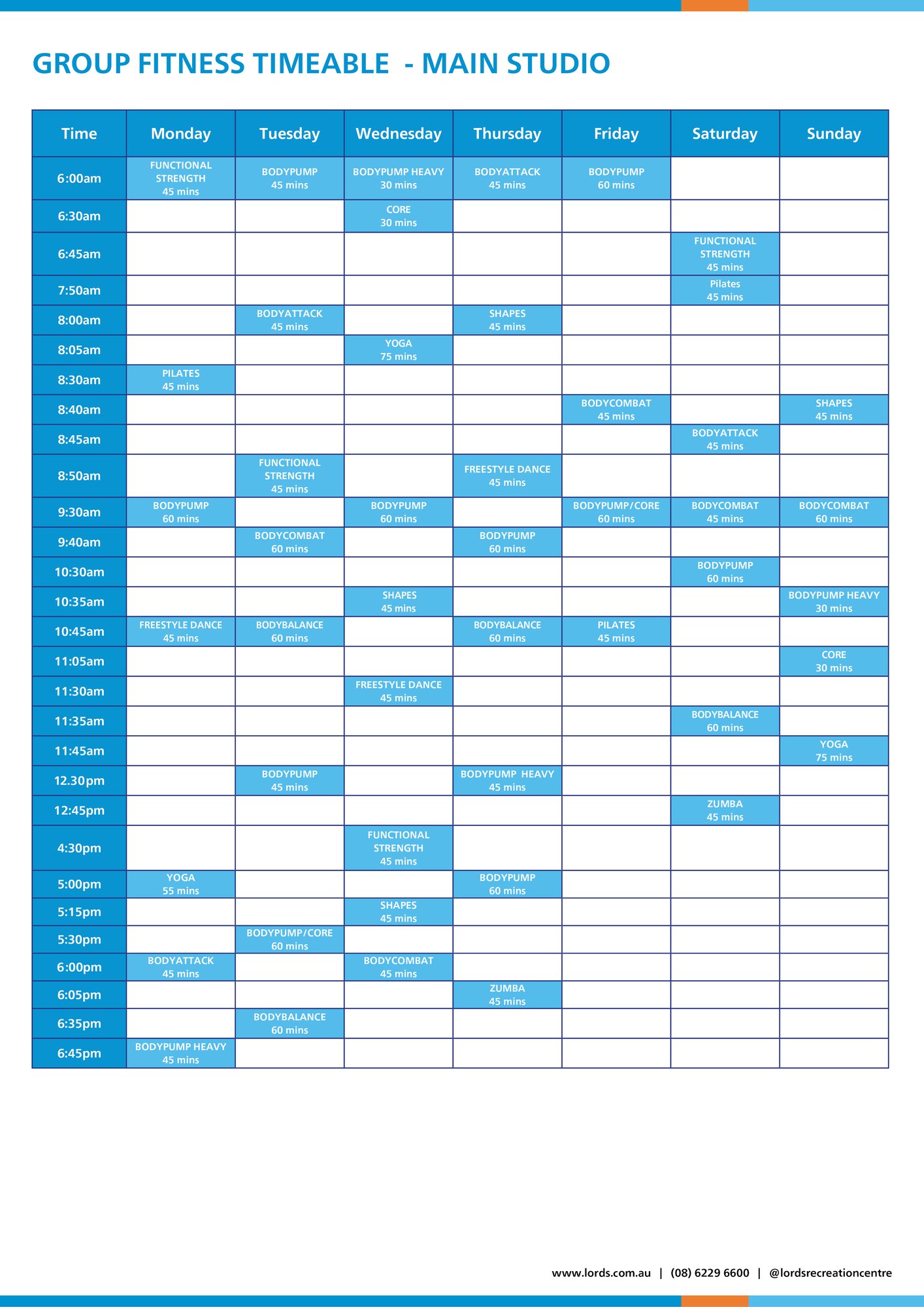 Lords Group Fitness Timetable - effective August 2026