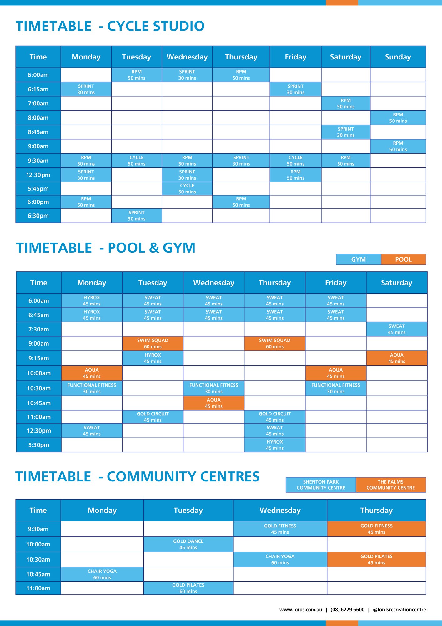 Lords Group Fitness Timetable - effective August 20262