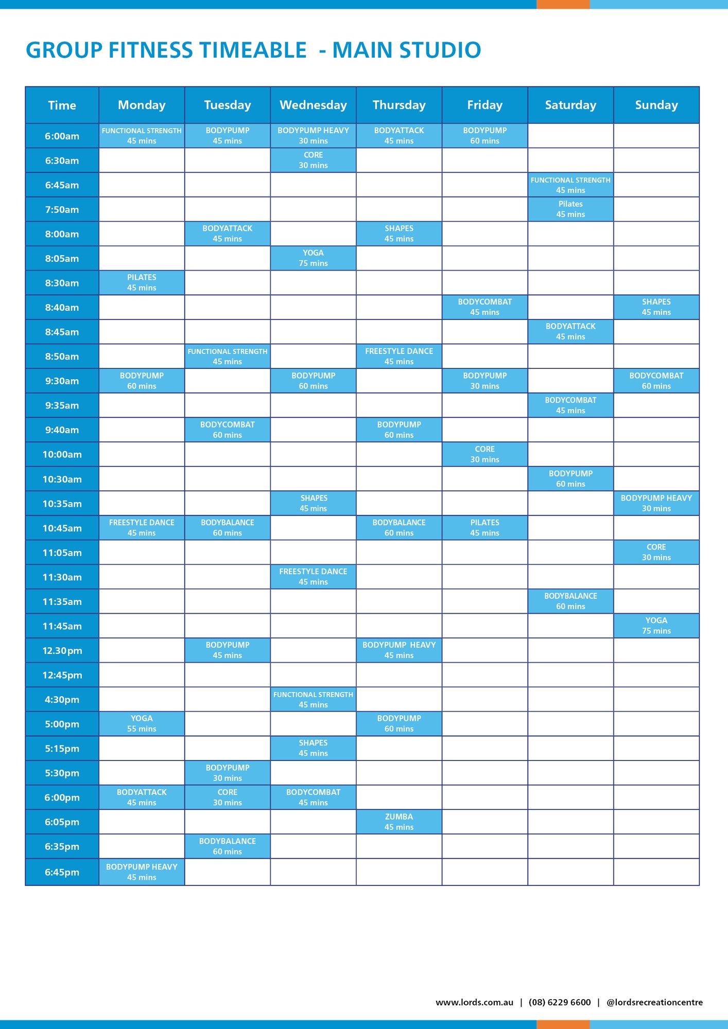 Lords Group Fitness Timetable - effective Sep 2026
